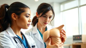 Young nursing student in white coat studying anatomy model in modern classroom with natural light, focused expression, professional medical environment, realistic lighting