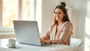 Professional woman sitting at laptop in bright home office, smiling while on video call, modern desk setup with coffee cup, natural window lighting, clean minimalist workspace