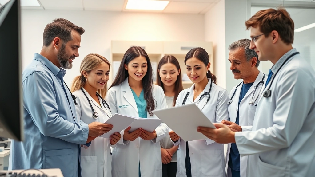 Diverse group of healthcare professionals in clinic setting reviewing patient documents together, warm lighting, collaborative atmosphere, modern medical office environment with technology