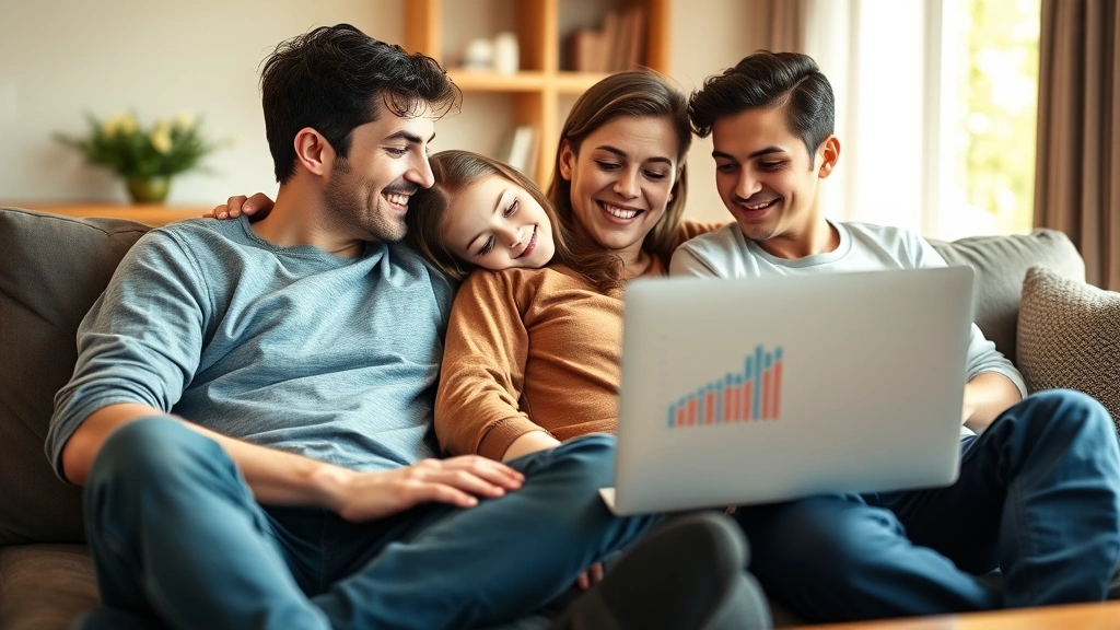 Young family relaxing on comfortable couch at home, laptop open showing health insurance comparison charts, casual comfortable clothing, natural afternoon light, peaceful living room setting
