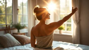 Woman in morning sunlight stretching in comfortable bedroom with natural light streaming through windows, peaceful bedside environment, wellness atmosphere