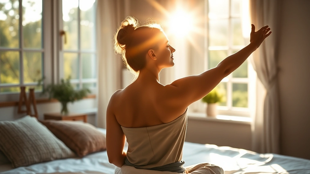 Woman in morning sunlight stretching in comfortable bedroom with natural light streaming through windows, peaceful bedside environment, wellness atmosphere