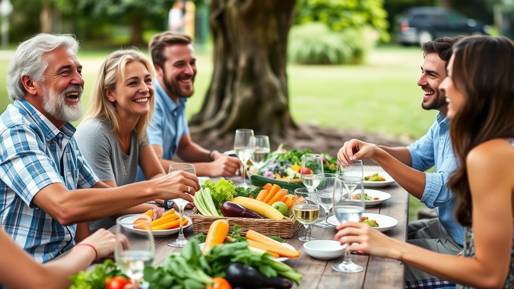 People laughing together at outdoor picnic table with colorful fresh vegetables and water glasses, social connection and healthy eating moment