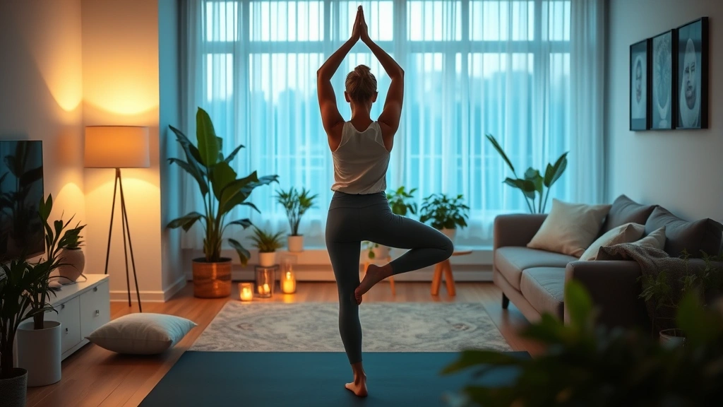 Person doing yoga or gentle stretching in living room during evening, calm lighting with plants, stress management and recovery practice