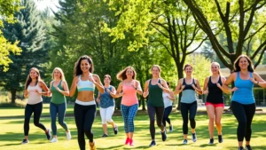 Diverse group of people exercising together in a modern Raleigh park setting with green trees, bright sunshine, wearing casual athletic wear, smiling and energized, morning fitness class atmosphere