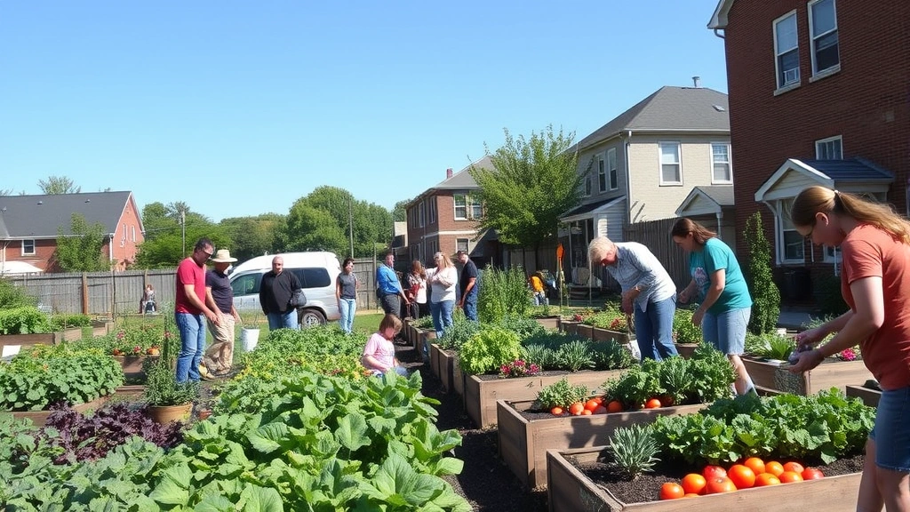 Community garden in urban Raleigh neighborhood with residents harvesting fresh vegetables, colorful produce, raised beds, blue sky, diverse age groups working together, sustainable living