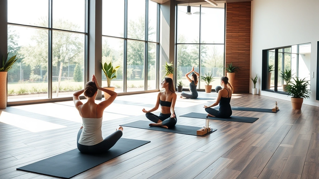 Modern wellness center interior with yoga studio setup, natural lighting from large windows, people in peaceful meditation poses on mats, serene calming environment, contemporary fitness facility