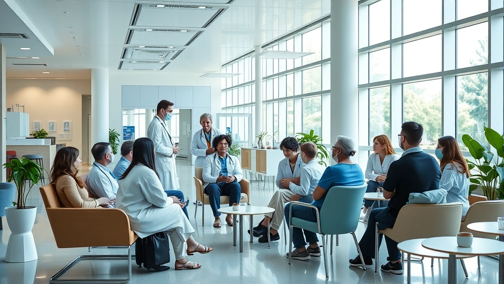 Modern hospital wellness center with natural light, comfortable seating areas, diverse patients consulting with healthcare providers in a warm, inviting environment