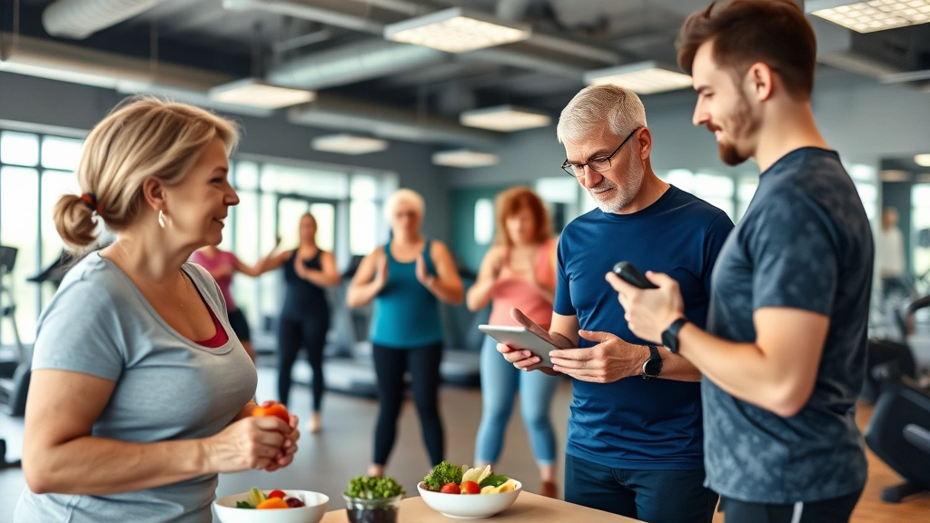 Fitness facility with diverse age groups exercising together, nutritionist consulting with patient over healthy meal planning, calm and supportive atmosphere