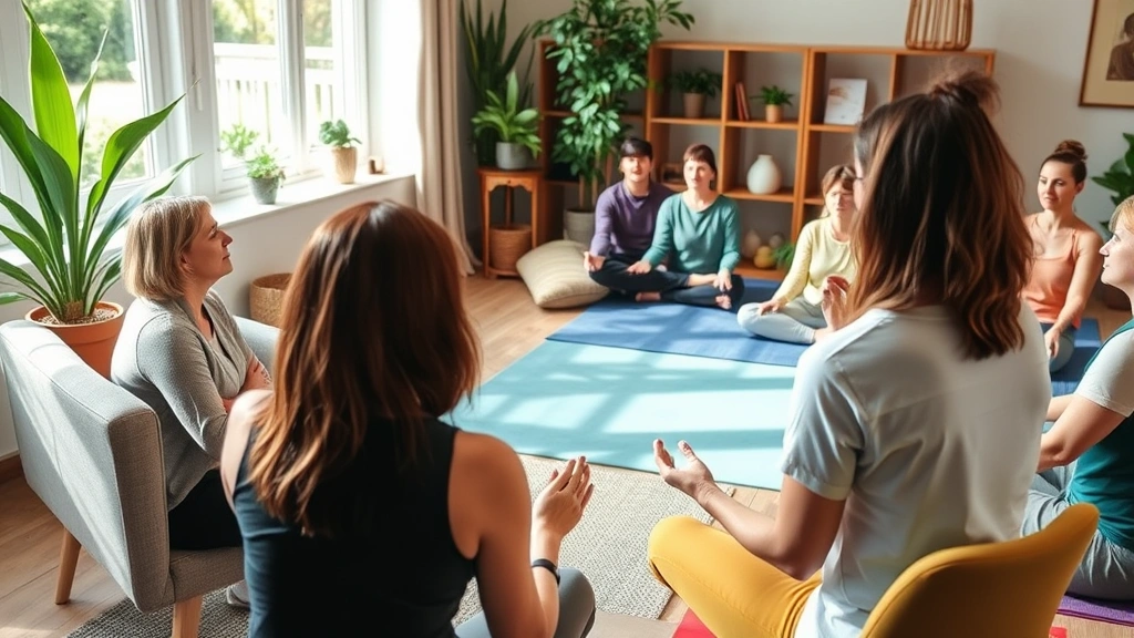 Mental health counseling session in peaceful office space, meditation or yoga class with participants, wellness coach providing personalized health guidance to engaged patient