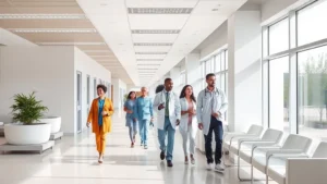Modern hospital corridor with natural light, clean white walls, comfortable seating areas, diverse patients and healthcare staff in professional attire walking together, welcoming atmosphere, contemporary medical facility design