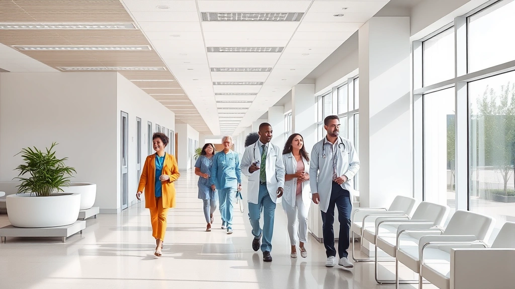 Modern hospital corridor with natural light, clean white walls, comfortable seating areas, diverse patients and healthcare staff in professional attire walking together, welcoming atmosphere, contemporary medical facility design