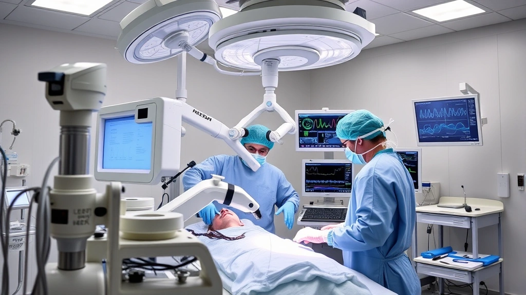 State-of-the-art surgical suite with robotic-assisted equipment, surgeons in sterile gear performing minimally invasive procedure, bright operating room lights, advanced monitoring screens displaying vital signs, professional medical environment