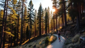 Golden afternoon sunlight filtering through tall ponderosa pines in Sierra Nevada foothills, peaceful hiking trail winding through natural landscape, person in light athletic wear enjoying outdoor recreation