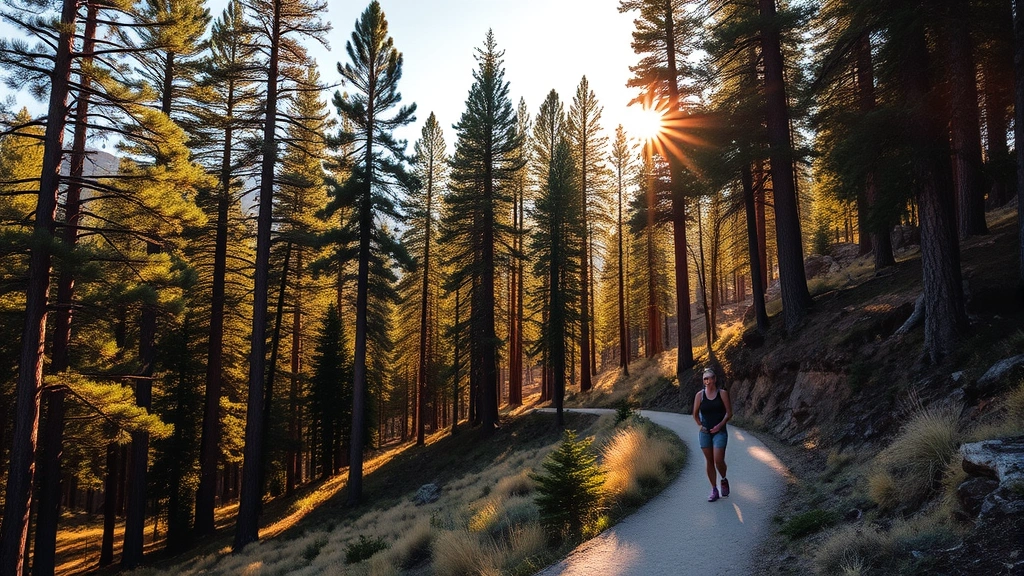 Golden afternoon sunlight filtering through tall ponderosa pines in Sierra Nevada foothills, peaceful hiking trail winding through natural landscape, person in light athletic wear enjoying outdoor recreation