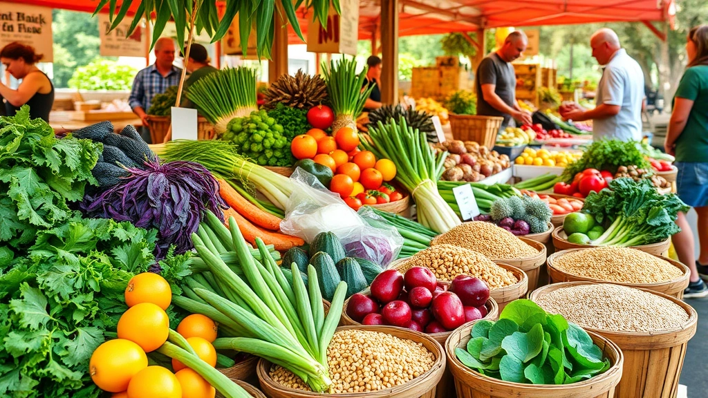 Vibrant farmers market display with fresh organic vegetables, colorful leafy greens, ripe fruits, and whole grains in wooden baskets, morning sunlight illuminating produce, community members selecting plant-based foods