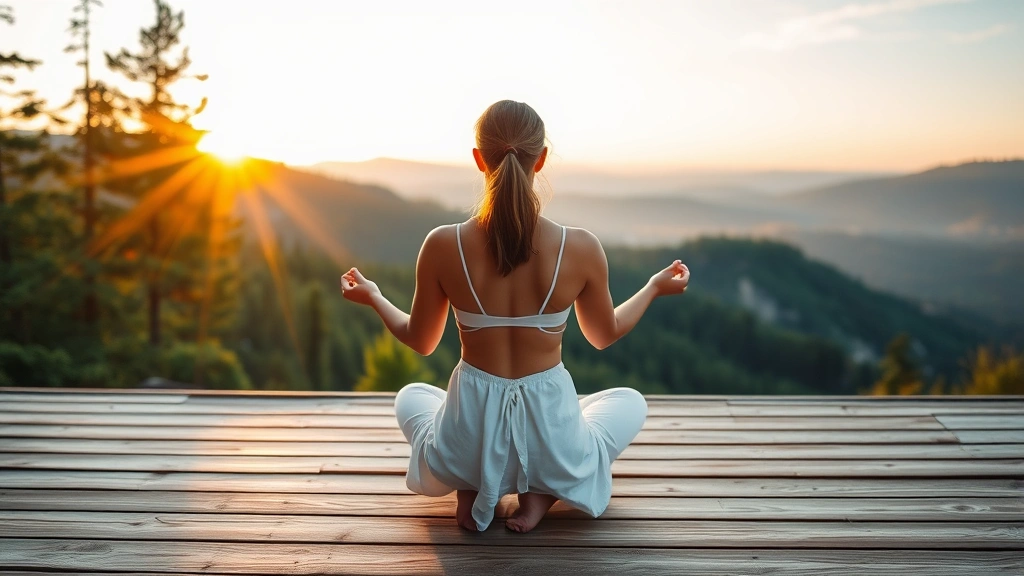 Serene woman meditating outdoors on wooden deck overlooking mountain valley at sunrise, peaceful expression, natural wellness setting, morning light, spiritual contemplation scene with forest backdrop