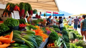 Vibrant farmer's market scene with fresh colorful vegetables, organic produce display, shoppers selecting plant-based foods, sunny coastal Oregon setting, wholesome nutrition concept