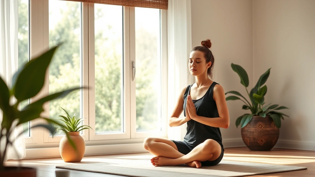 Peaceful meditation space with person sitting cross-legged by window, soft natural light, calming interior, plants, peaceful expression, mindfulness and mental wellness