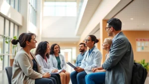 Modern hospital atrium with natural light, diverse patients consulting with compassionate healthcare providers in clean, welcoming clinical environment, warm earth tones