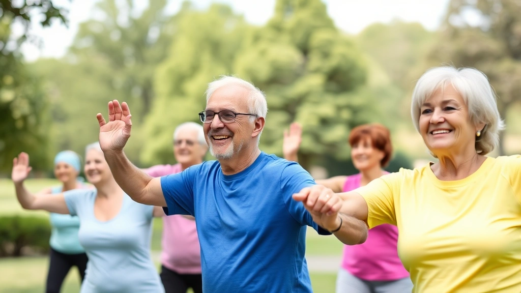 Active older adults participating in outdoor fitness class in park setting, smiling during group exercise, green trees and natural landscape background, healthy lifestyle