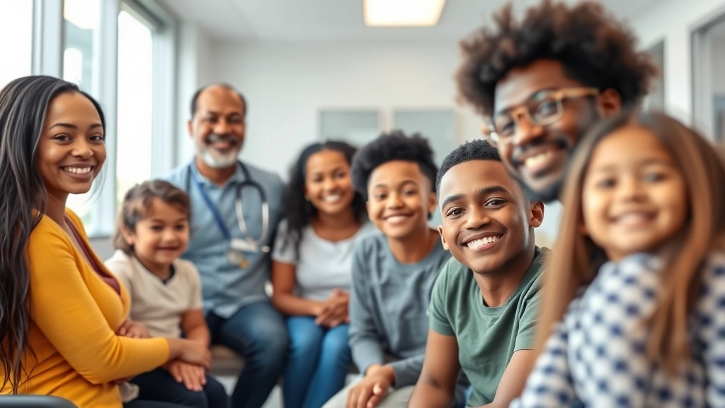 Diverse New Jersey family in modern medical clinic waiting room, smiling with healthcare provider in background, natural lighting, welcoming environment