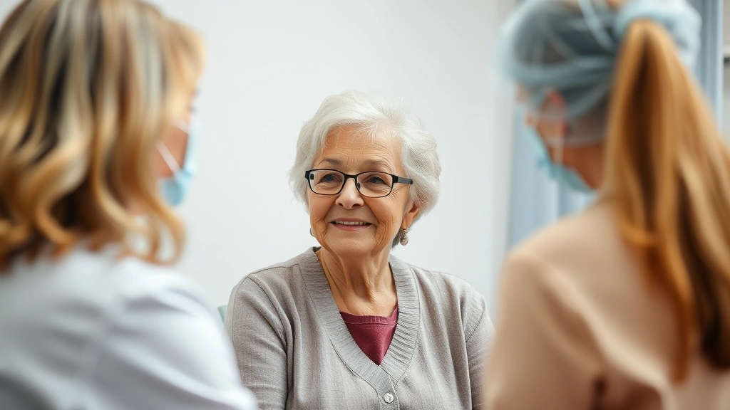 Senior woman receiving preventive health screening with compassionate nurse, clinical setting, warm colors, focus on care and wellness