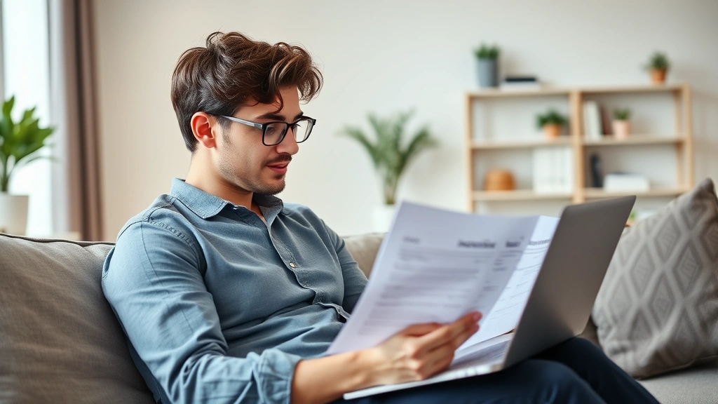 Young professional reviewing health benefits on laptop at home, relaxed comfortable setting, holding insurance documents, modern workspace