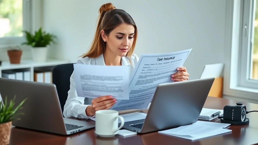 Woman reviewing health insurance documents at home office desk with laptop, coffee, and organized papers, natural daylight, professional casual attire, thoughtful expression