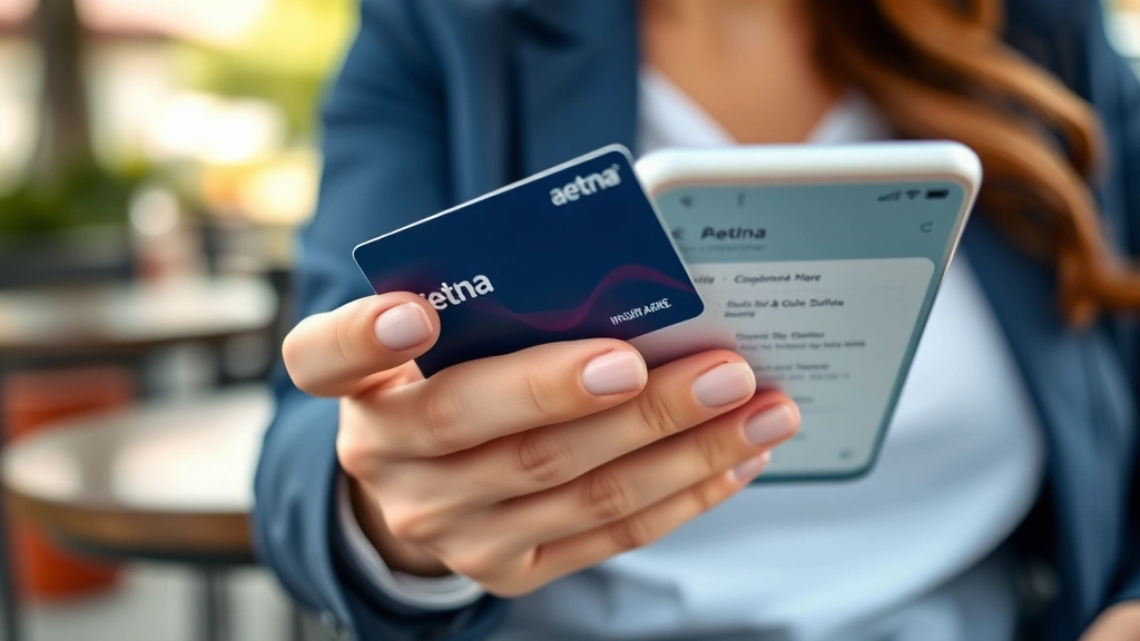 Close-up of hands holding Aetna insurance card while reviewing provider directory on smartphone, outdoor cafe setting with blurred background, natural daylight, casual professional attire