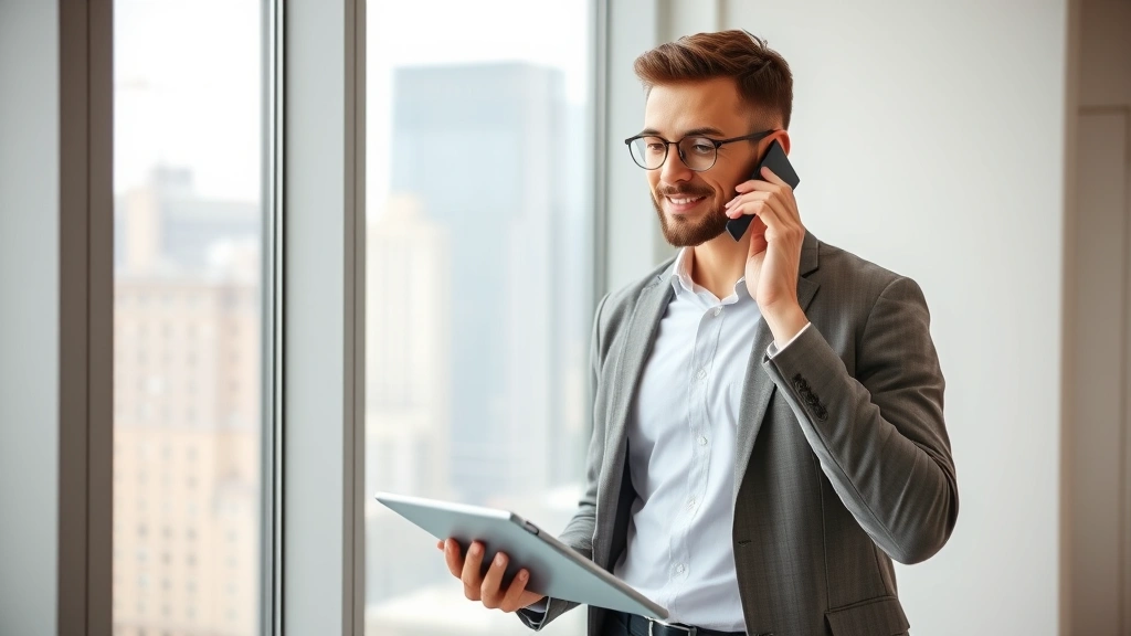 Young professional in business casual clothing speaking on phone in modern office, standing near window with city view, taking notes on tablet, confident and engaged expression