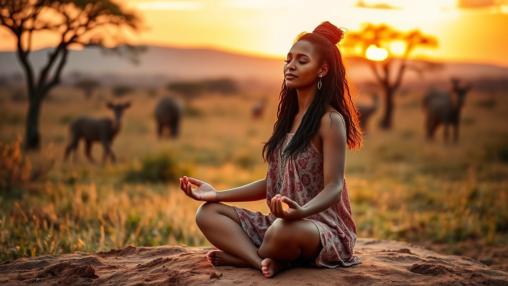 Serene woman meditating outdoors in African savanna landscape at sunset, peaceful expression, natural light, barefoot on earth, warm golden hour lighting, traditional wellness setting