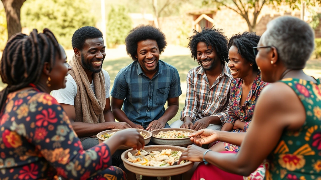 Multi-generational African family gathered in circle outdoors, sharing meal, laughing together, community connection, warm daylight, authentic togetherness, cultural wellness moment