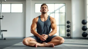 Professional male athlete in modern gym setting, sitting peacefully with hands on knees, peaceful expression, natural lighting, minimalist background, wellness atmosphere
