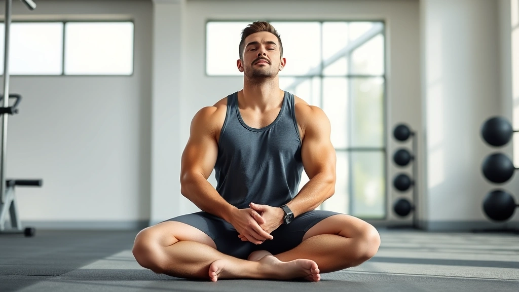 Professional male athlete in modern gym setting, sitting peacefully with hands on knees, peaceful expression, natural lighting, minimalist background, wellness atmosphere
