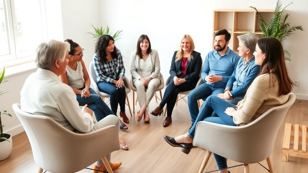 Diverse group of people in therapy circle chairs, having supportive conversation in bright comfortable room, calm body language, professional counseling environment, natural daylight