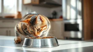 Tabby cat eating from stainless steel food bowl in modern kitchen, natural sunlight, healthy cat mid-meal