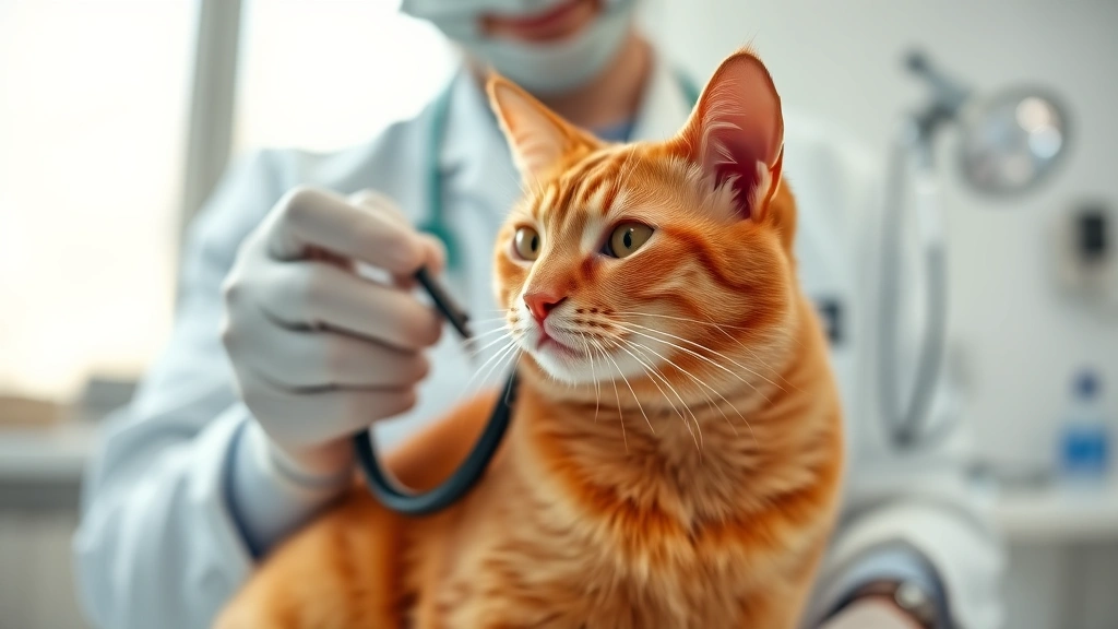 Veterinarian examining orange cat with stethoscope in bright clinic, professional medical setting, cat calm and relaxed