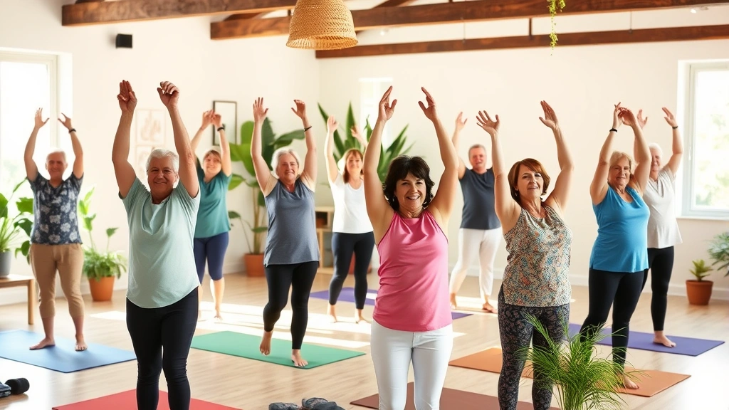 Community wellness class with diverse adults of various ages doing yoga or stretching exercises together in a bright studio with natural light and plants