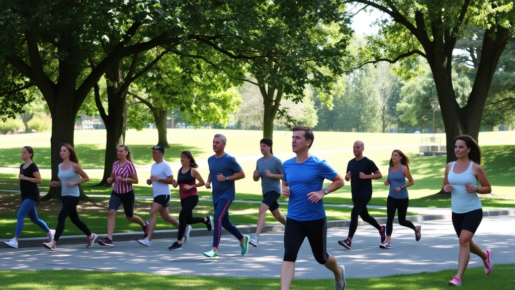 Diverse group of people exercising outdoors in a park setting, including walking, jogging, and stretching on a sunny day with trees and green spaces