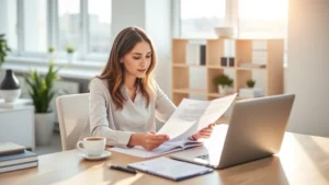 Professional woman reviewing health insurance documents at modern home office desk with laptop and coffee, natural sunlight streaming through windows, calm organized workspace