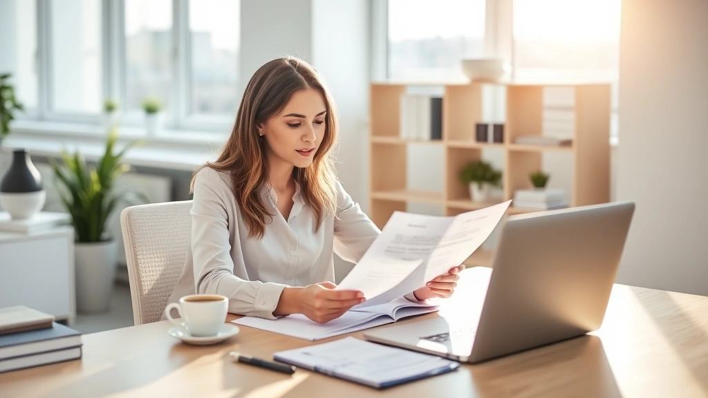 Professional woman reviewing health insurance documents at modern home office desk with laptop and coffee, natural sunlight streaming through windows, calm organized workspace