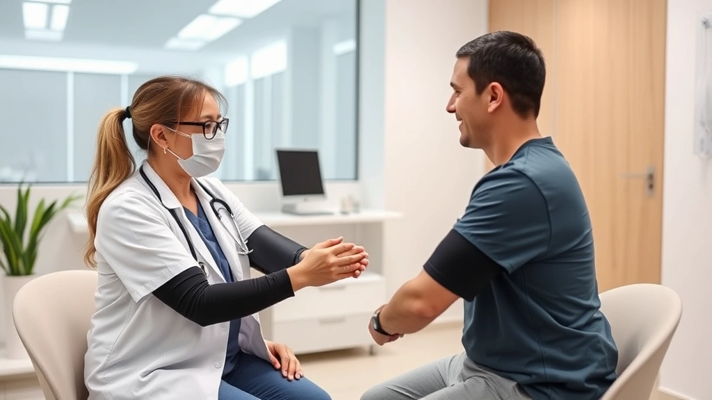 Healthcare provider conducting preventive wellness visit with patient in clean modern clinic, taking blood pressure, friendly consultation, comprehensive health screening environment