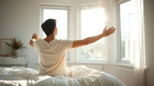 Serene morning scene: person in bright, sunlit bedroom stretching by large windows, natural light flooding space, peaceful expression, minimalist bedroom decor, emphasizing circadian rhythm alignment and morning routine harmony