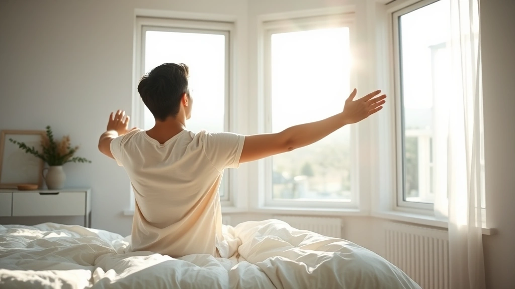 Serene morning scene: person in bright, sunlit bedroom stretching by large windows, natural light flooding space, peaceful expression, minimalist bedroom decor, emphasizing circadian rhythm alignment and morning routine harmony
