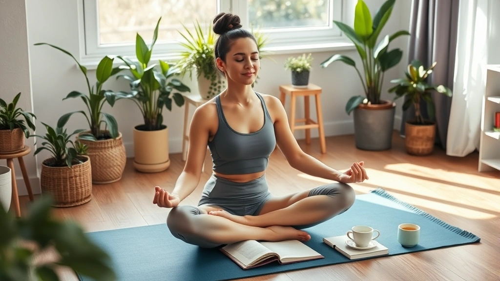 Person meditating on yoga mat in calm home environment: soft morning light, plant-filled space, peaceful posture, natural wood flooring, journal and tea nearby, demonstrating mental wellness integration and mindfulness practice
