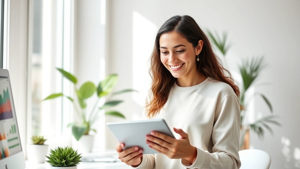 Young professional woman smiling while reviewing health data on tablet in bright, minimalist home office with plants and natural sunlight streaming through window