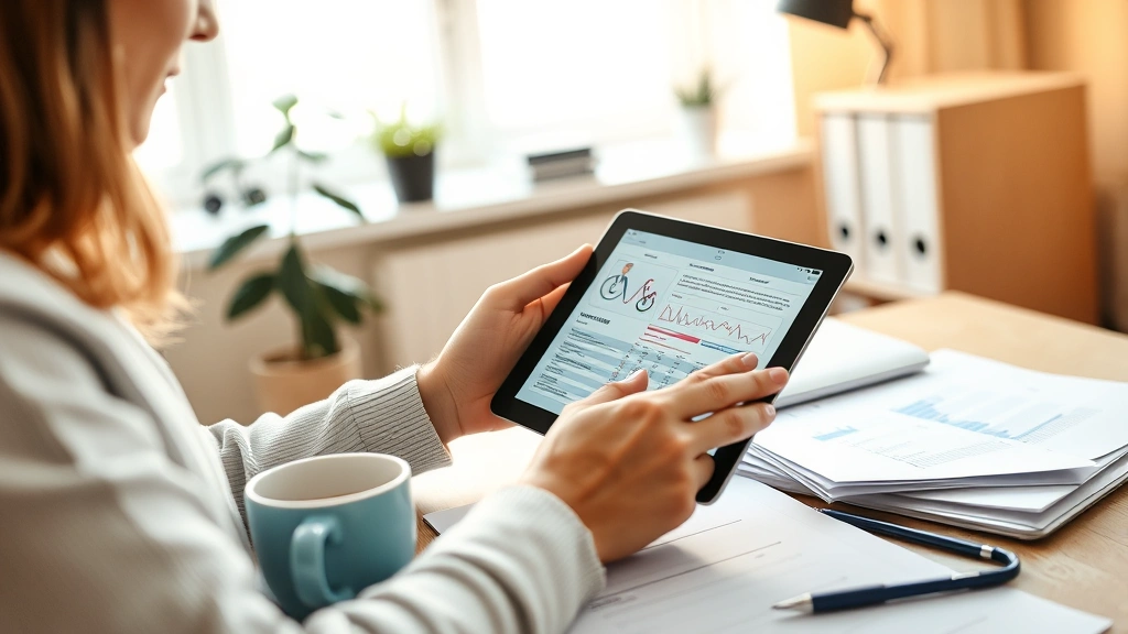Person reviewing medical records on tablet in comfortable home office setting, warm lighting, organized desk with healthcare documents and coffee cup