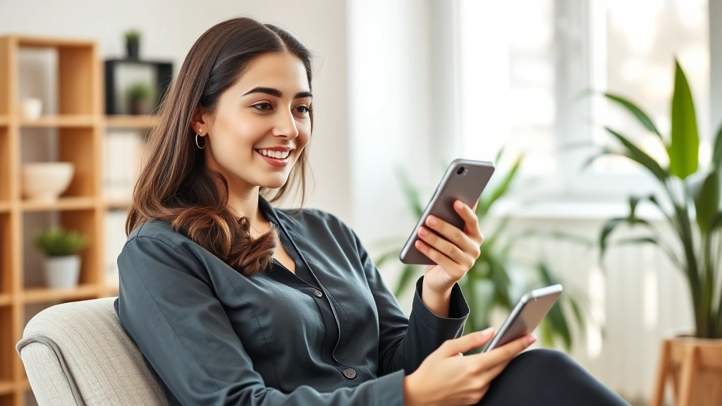 Young professional woman using smartphone app for health consultation, sitting in modern home office with natural light, calm wellness atmosphere, confident expression