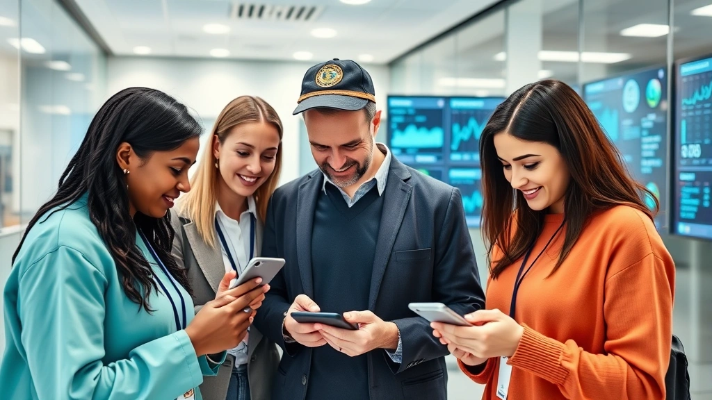 Diverse group of people reviewing health metrics on mobile device screens, modern healthcare clinic setting, data visualization showing wellness progress and vital signs